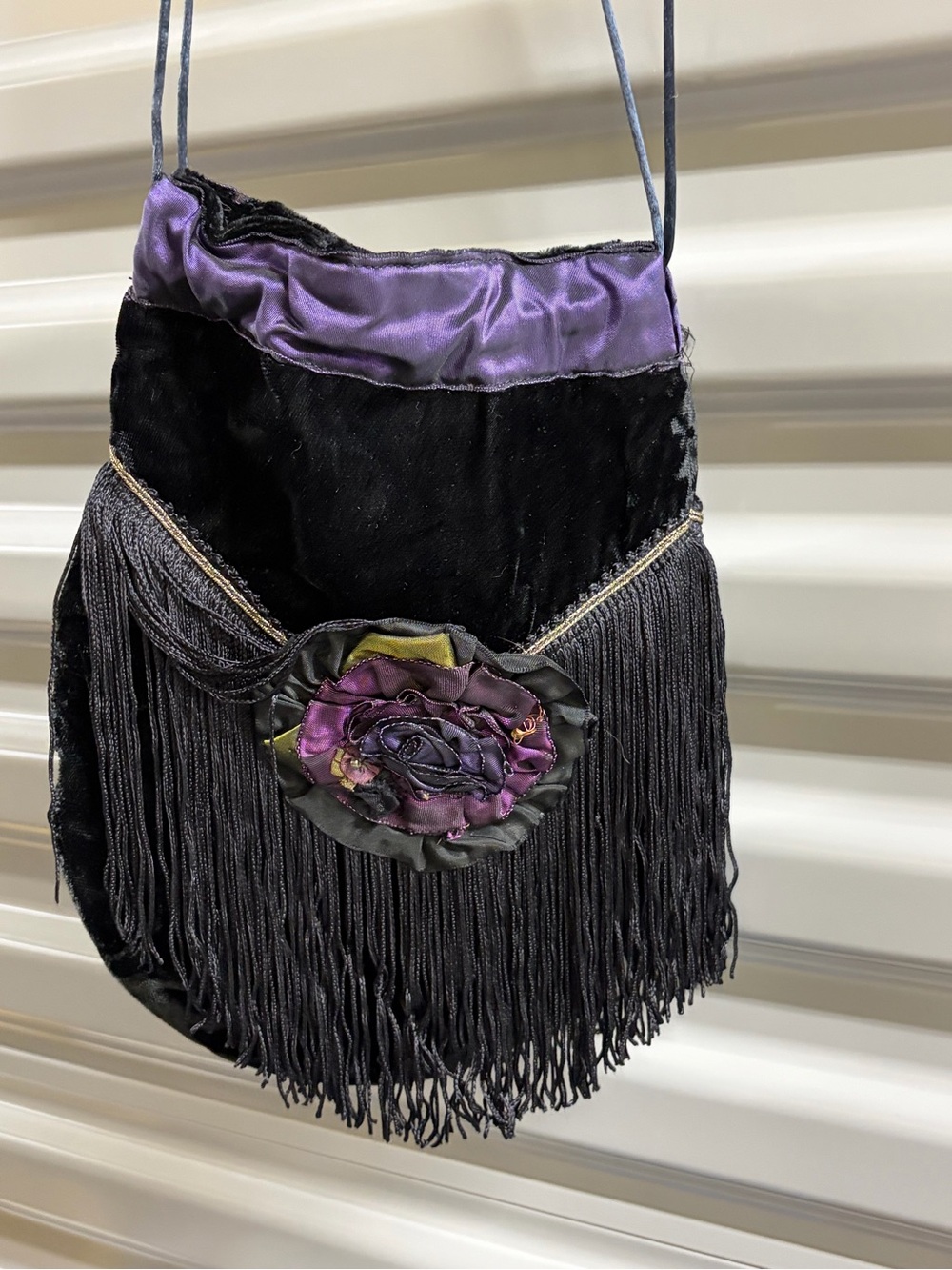 Vintage-Inspired Black and Purple Fringe Crossbody Bag